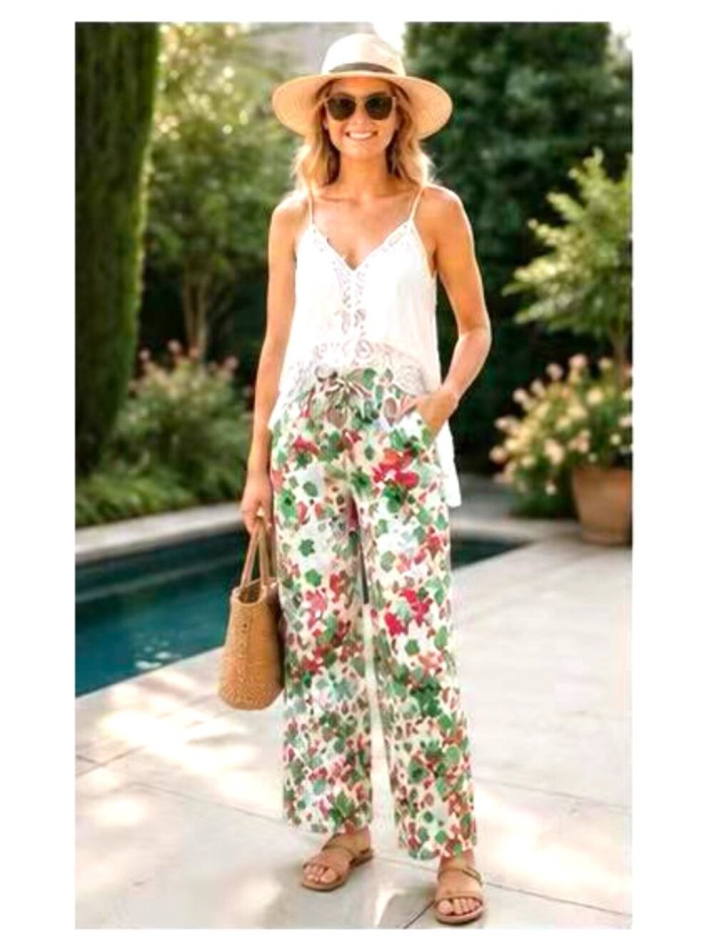 Women Fashion Summer Printed Straight Leg Pants w/Two Pocket-Green/Fuchsia, M/L
